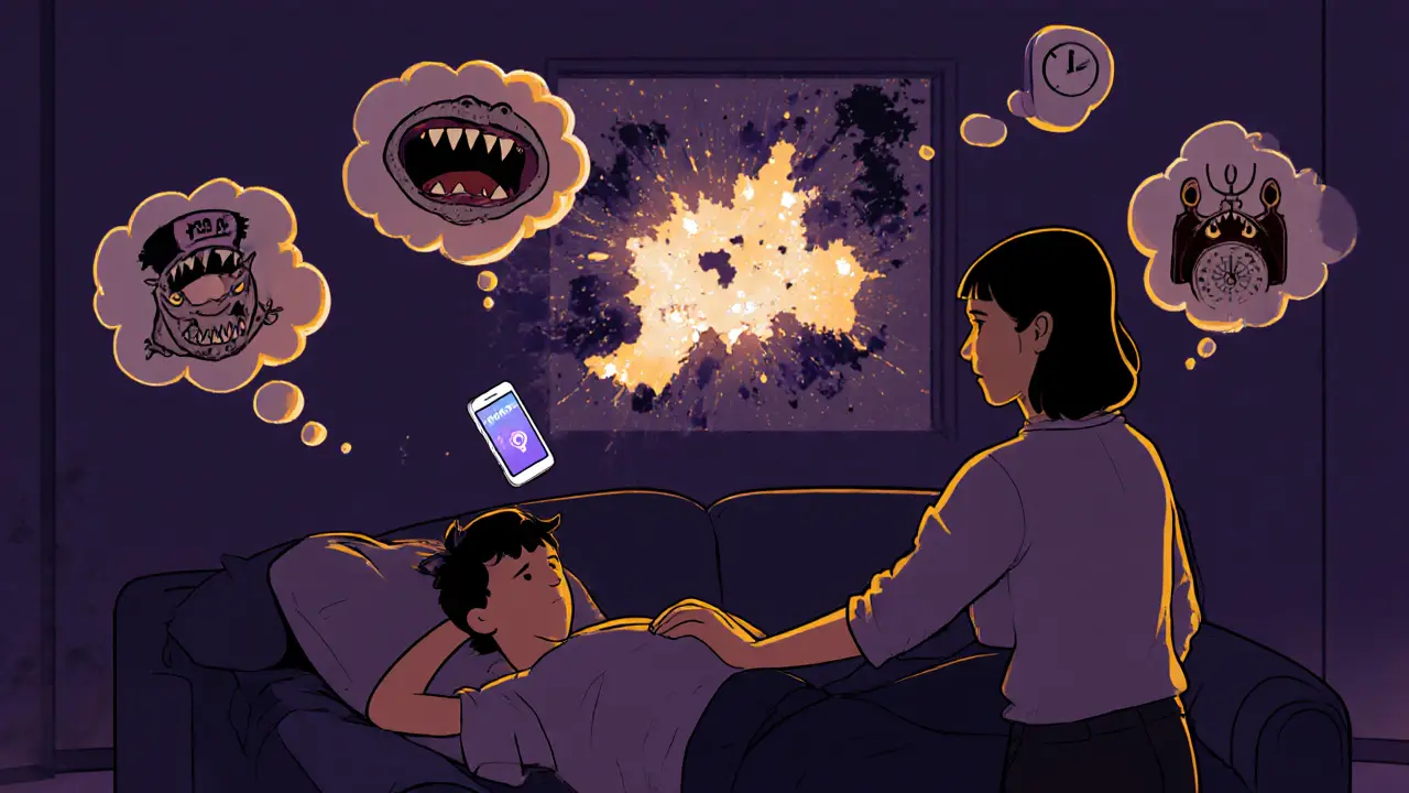 Osoba v klidu na kanapce, kolem ní plují monstra PTSD, zatímco intervener ji ukotvuje v realitě.