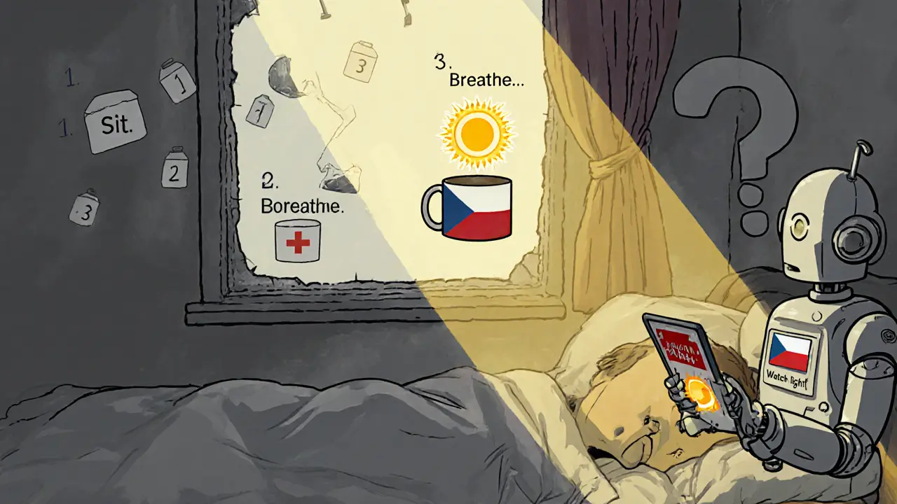 Osoba v posteli s papírovými kroky a slunečním paprskem, AI robot s českou vlajkou.