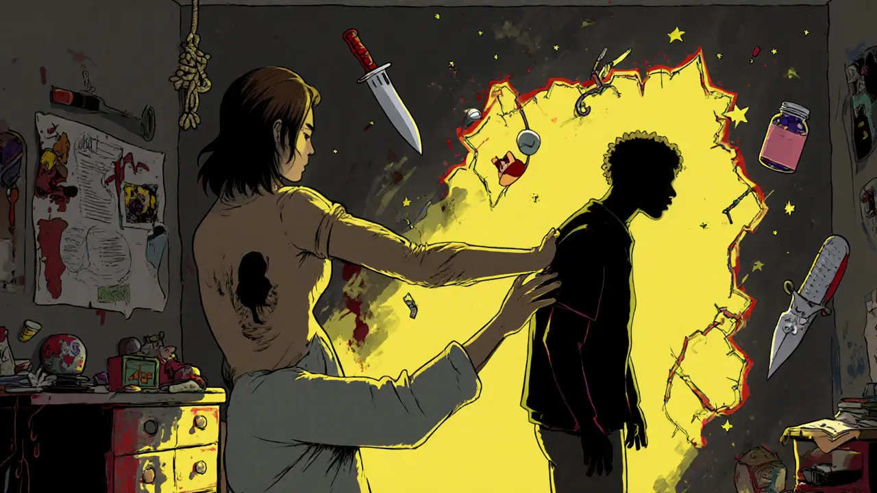 Parent reaching for fading teen as dangerous objects float in the air around them.