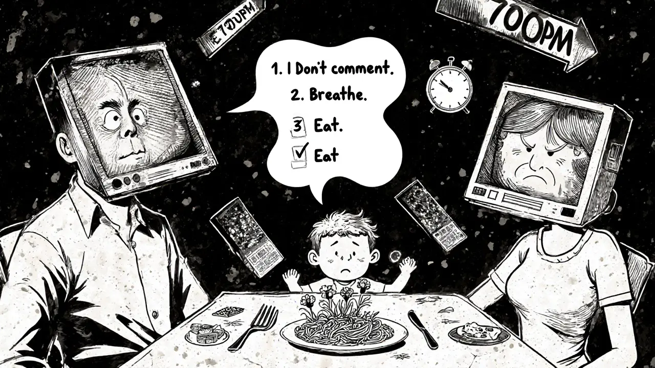 Rodina u večeře, rodiče mají obrazovky na hlavách, dítě volí jídlo bez komentáře.