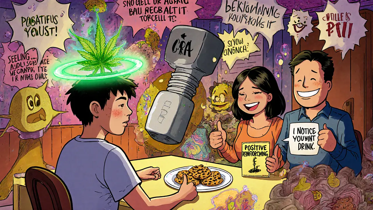 Rodina večeří, teenagery má haló z marihuany, rodiče mu podávají cookies s textem &#039;Všiml jsem si, že jsi nebral.&#039;