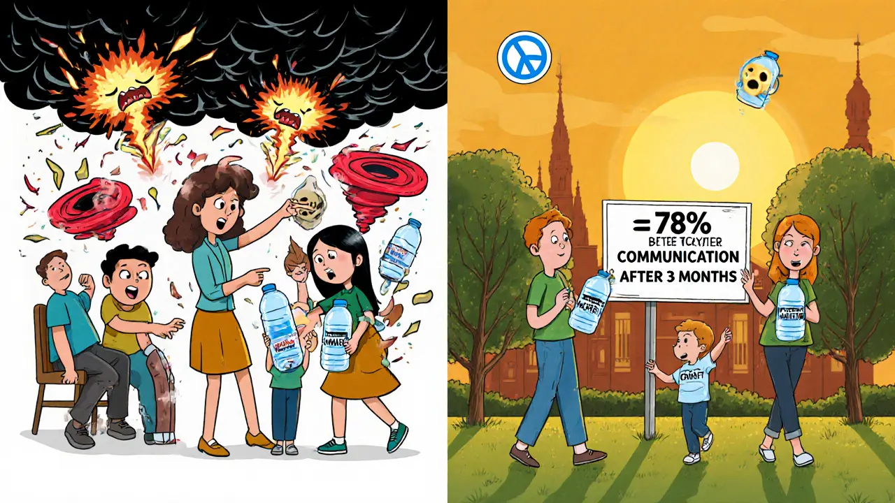 Rozdělený scénář: levá strana chaosu, pravá strana klidného parku, rodina drží lahve s nápisem CRAFT.