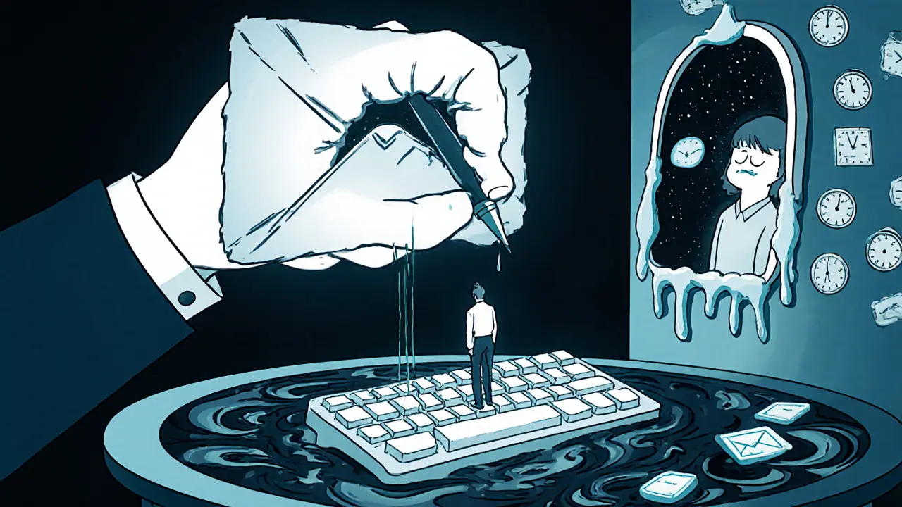 Ruka terapeuty vysouvá se z e-mailu, zatímco klient stojí před zrcadlem, které ukazuje prázdnost.