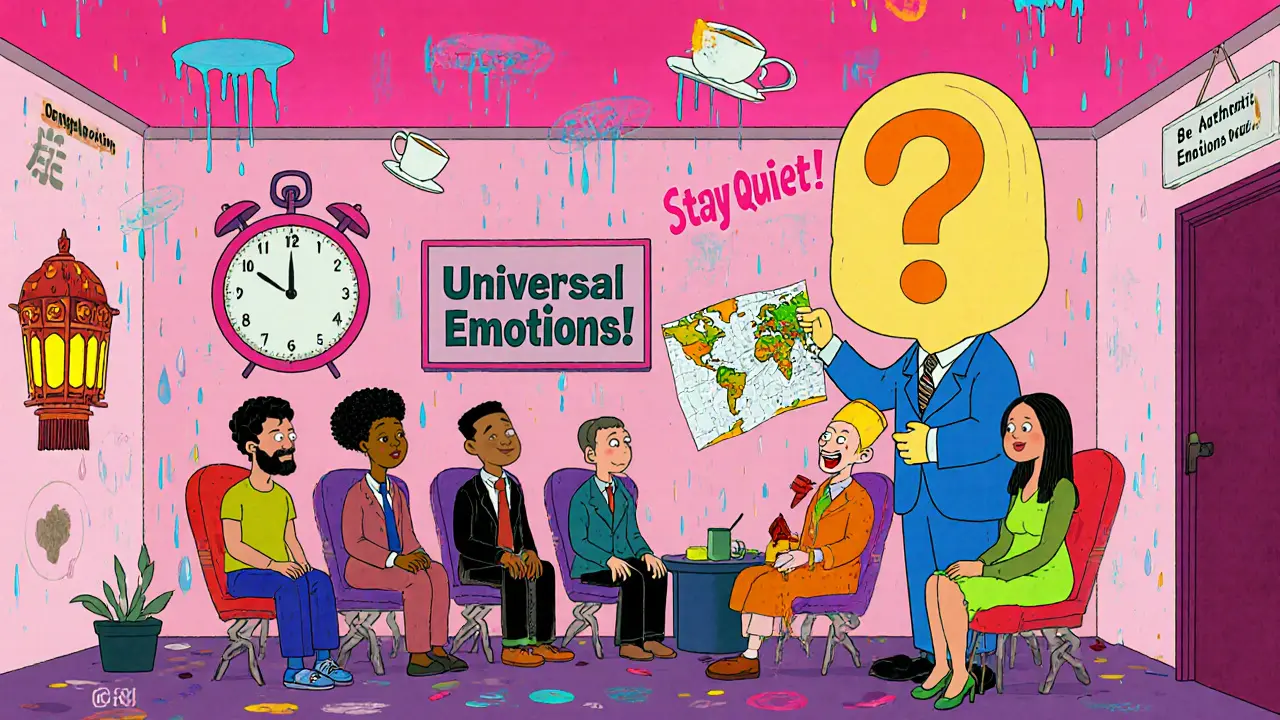 Různí klienti čekají v surrealním terapeutickém předpokoji, kde každý sedí na symbolu své kultury pod nebeským nápisem &#039;Univerzální emoce&#039;.