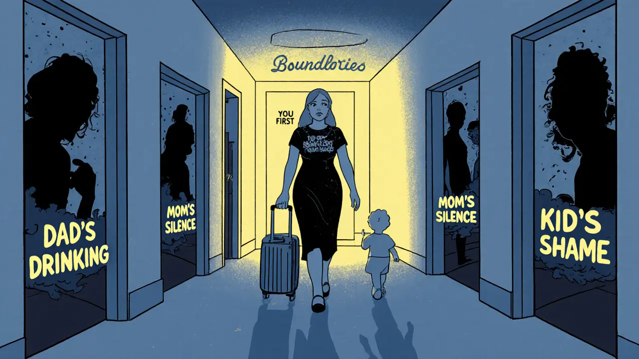 Samotná matka jde chodbou s dveřmi označenými starými rodinnými vzory, před ní září dveře &#039;Ty první&#039;, za ní rodina mizí ve stínu.