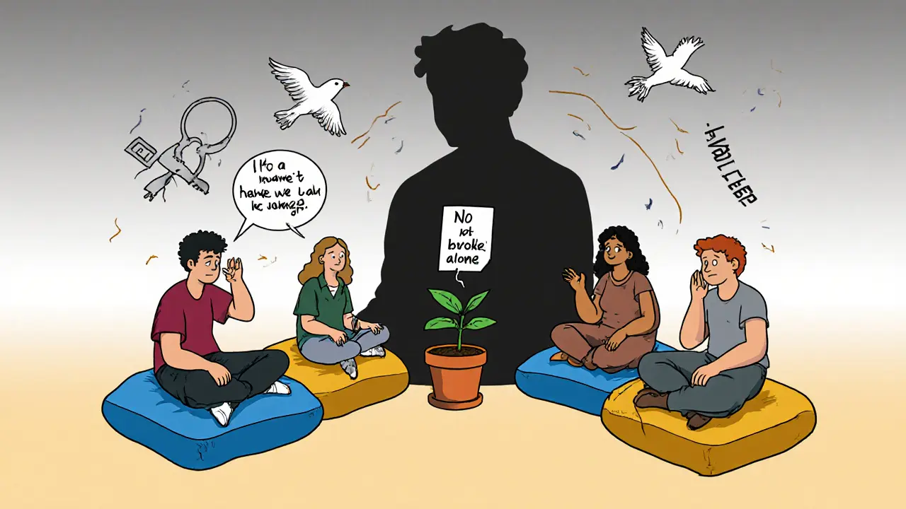 Skupina lidí sedí v kruhu, každý drží symbol nezávislosti, jeden říká &#039;ne&#039; stínu partnera.