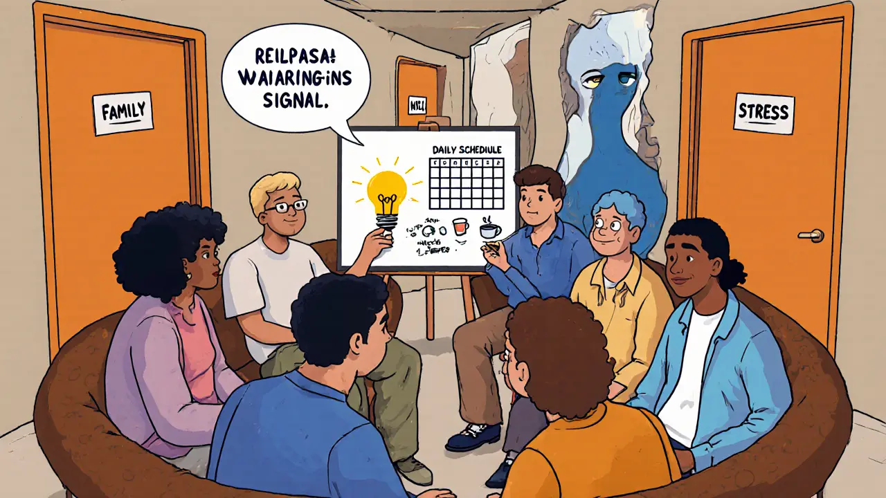 Skupina lidí v psychoedukační schůzce, jeden ukazuje na varovné příznaky, druhý kreslí denní plán.