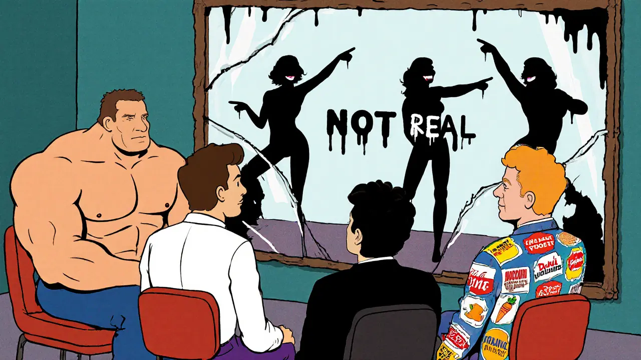 Skupina mužů v terapii se dívá do zrcadla, které odrazí jen prázdné místo.