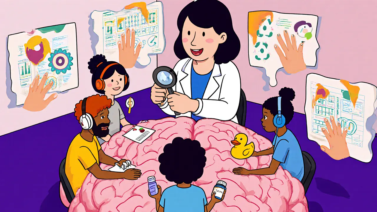 Skupina v terapii s nástroji pro podporu autismu a komorbidit v mozgovém tvaru.