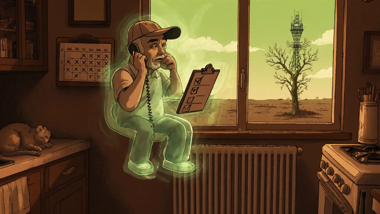 Starší muž hovoří po telefonu, zatímco jeho terapeut je vidět jako průhledná postava v místnosti.