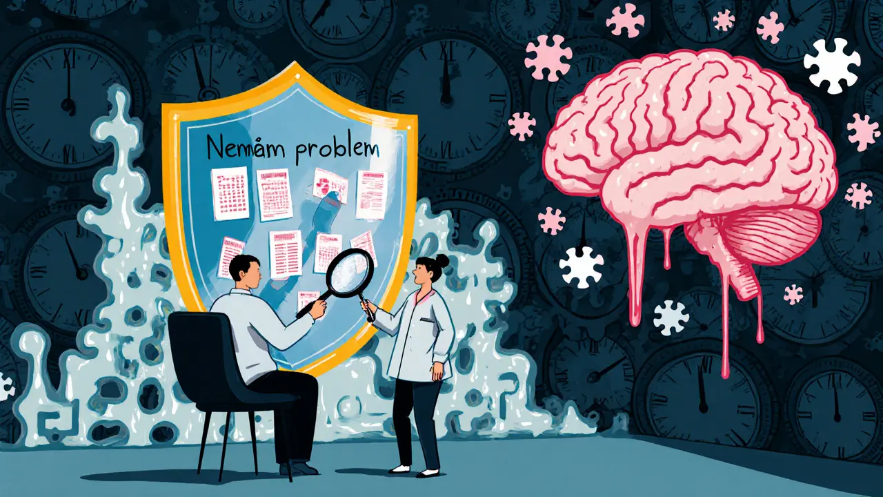 Terapeut s lupa zkoumá štít popření, který drží závislý klient, v surrealním kancelářském prostředí.