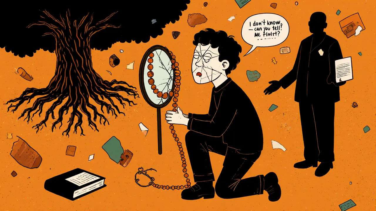 Terapeut s obrazem v obličeji a klient spolu hledají porozumění, okruženi kulturami, které se proměňují v předměty.