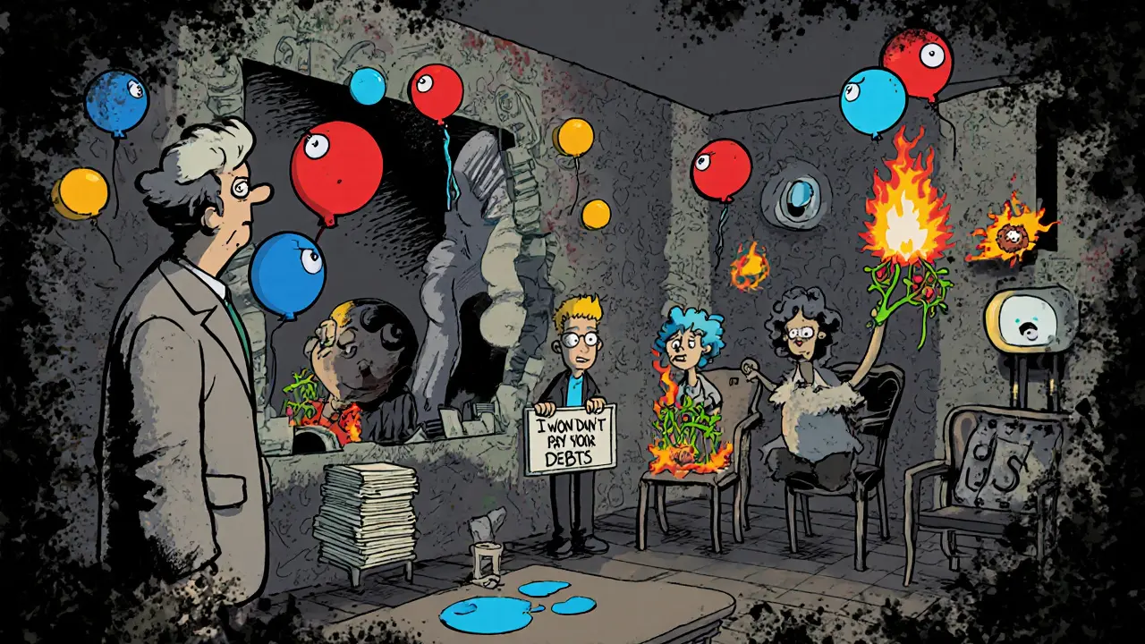 Terapeut stojí v obývacím pokoji, kde emoce jsou barevné koule, jedna členka rodiny drží hořící tabulku &#039;Už nebudu platit dluhy&#039;.