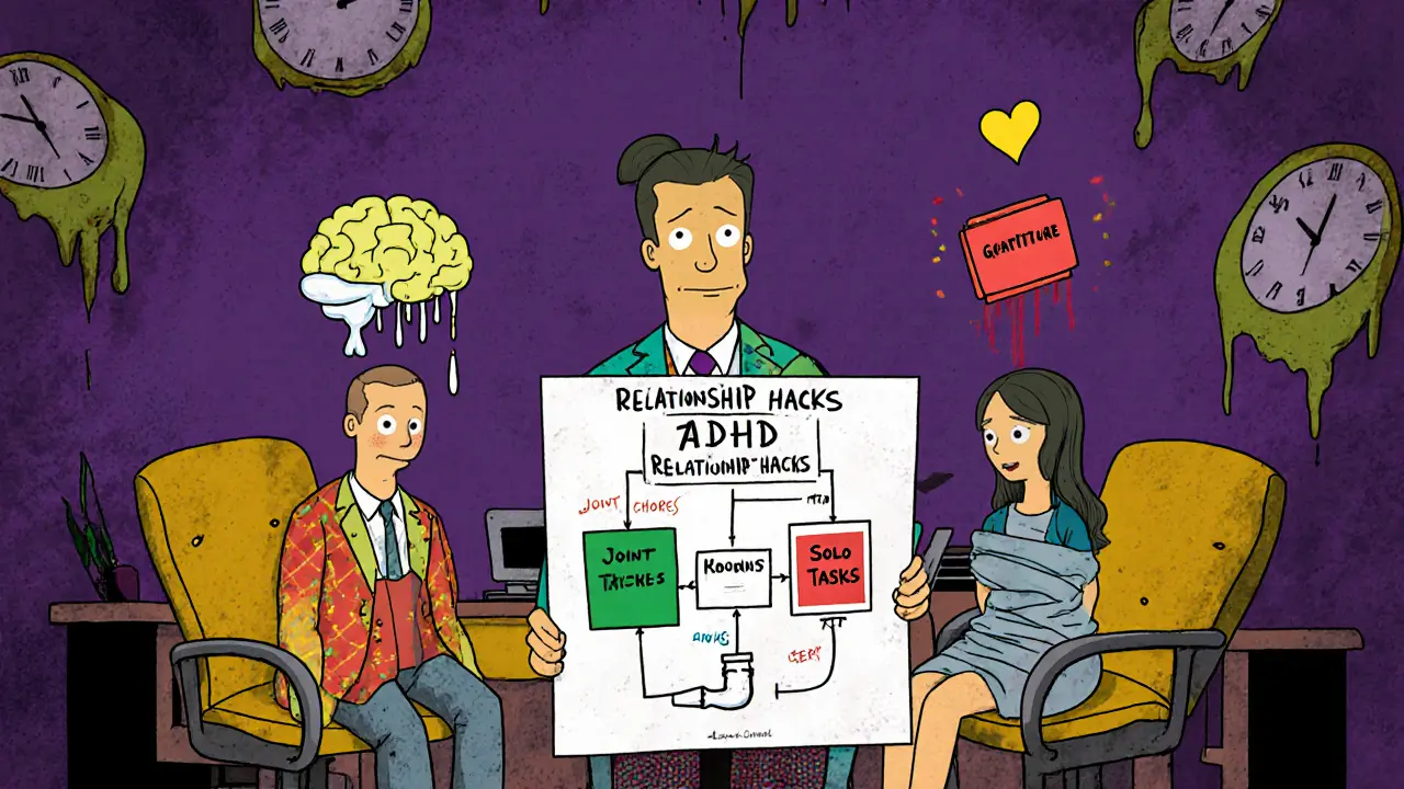 Terapeut ukazuje barevný graf na ADHD vztahy, dvojice má nad hlavou symboly úkolů a srdíček vděčnosti.