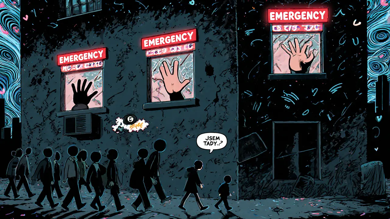 Three emergency phone lines glowing in cityscape as hands reach toward them from windows.