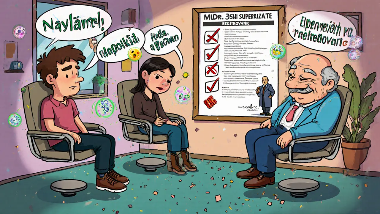 Tři klienti v terapeutické místnosti, jejich anglické emoce plavou jako koule, české slova se mění v prach.