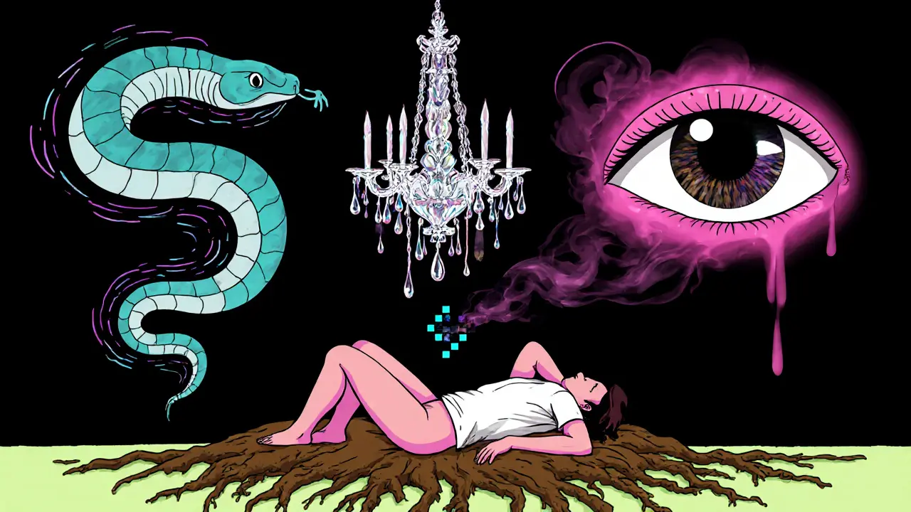 Tři terapeutické metody jsou znázorněny jako postavy: had, křišťálový lustr a glitchující oko nad člověkem.