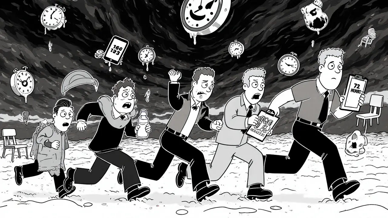 Záchranní tým přichází do surrealního kraje plného plujících předmětů, symbolizujících krizovou intervenci.