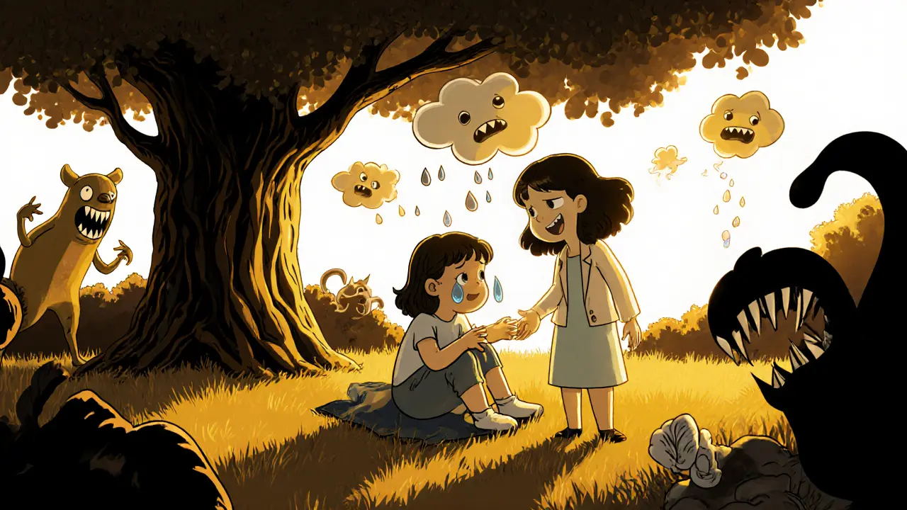 Žena se setkává s dětstvím pod stromem, kde se její strachy mění v kouř.