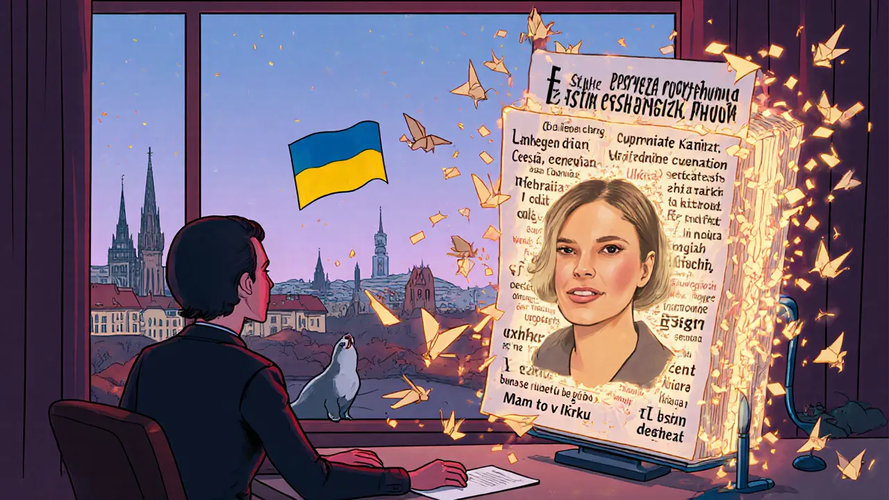 Žena v terapii, její obličej se odráží v obličeji terapeuta, zatímco slova explodují do konfeti.