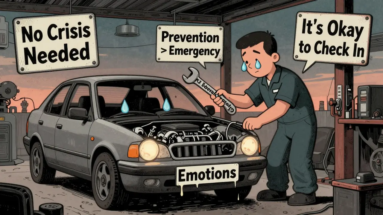 Auto s tváří je servisováno terapeutem jako mechanik, symbolizující prevenci duševního vyčerpání.