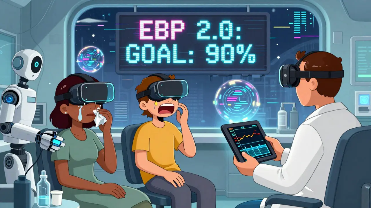 Budoucí klinika v Praze s VR headsets a biometrickými daty v ověřeném prostředí.