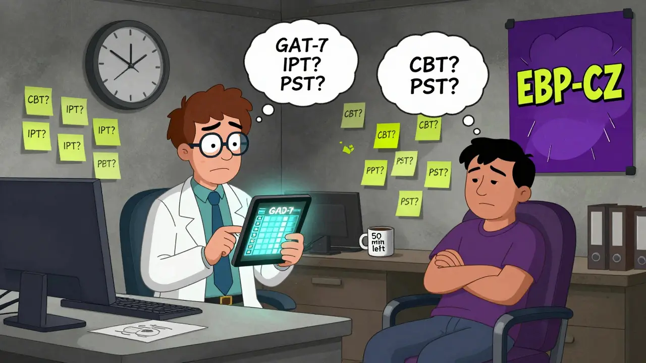 Český psycholog s tabletem a klient s emocionálními myšlenkami v kanceláři.