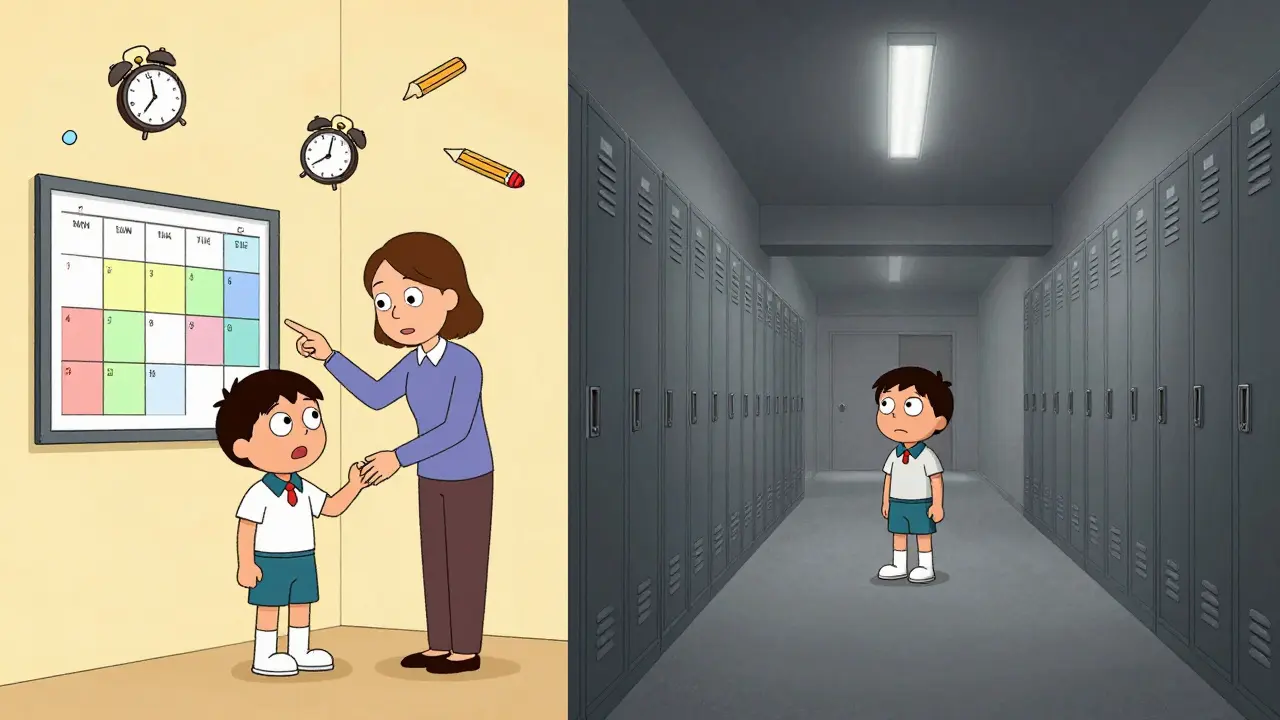 Child transitioning from supported elementary school to isolated high school hallway with fading colors.