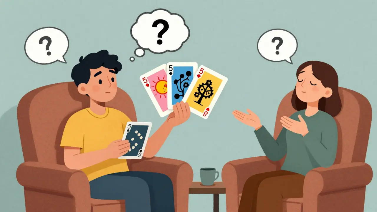 Client contemplating surreal career cards while counselor listens silently in a calm room.