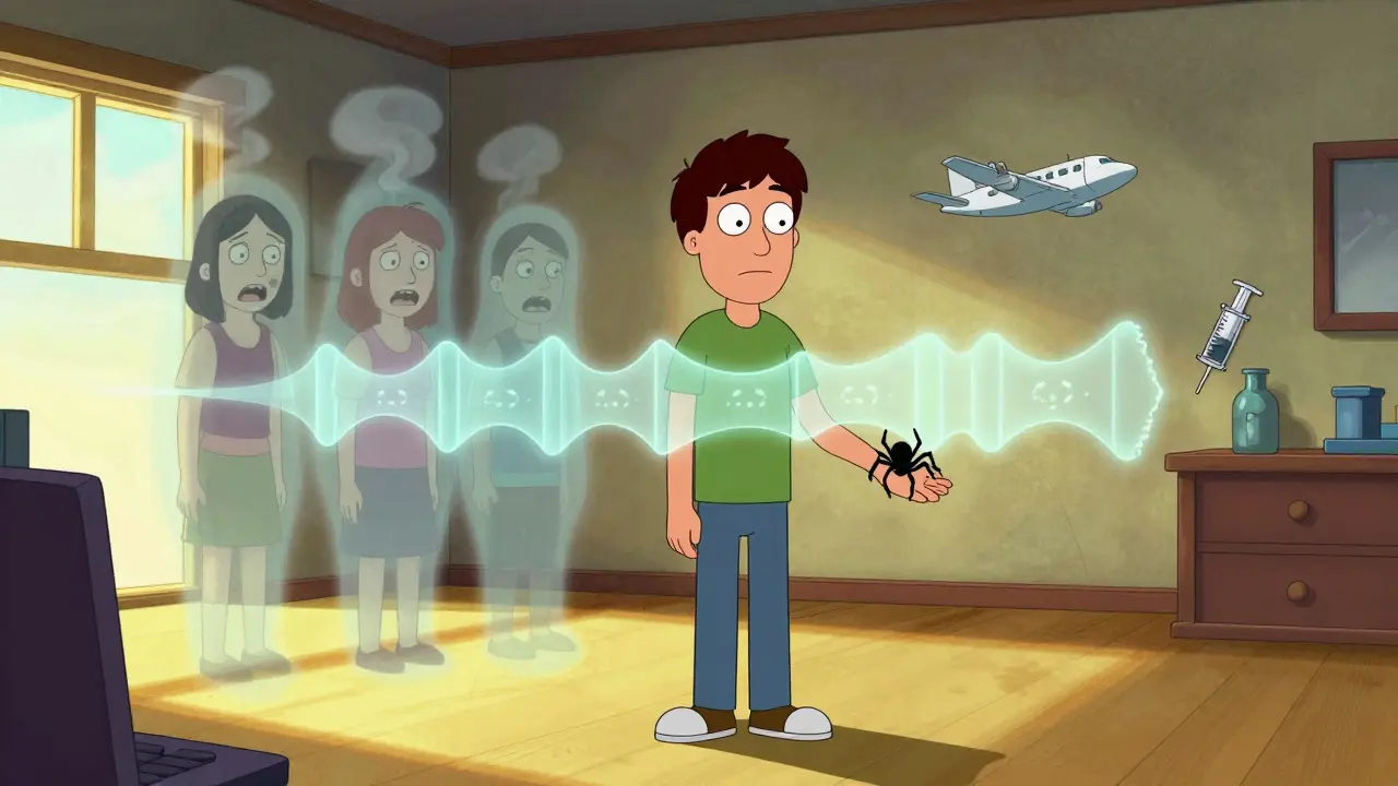 Člověk klidně drží pavouka na ruce, zatímco jeho bývalý strach mizí jako kouř.