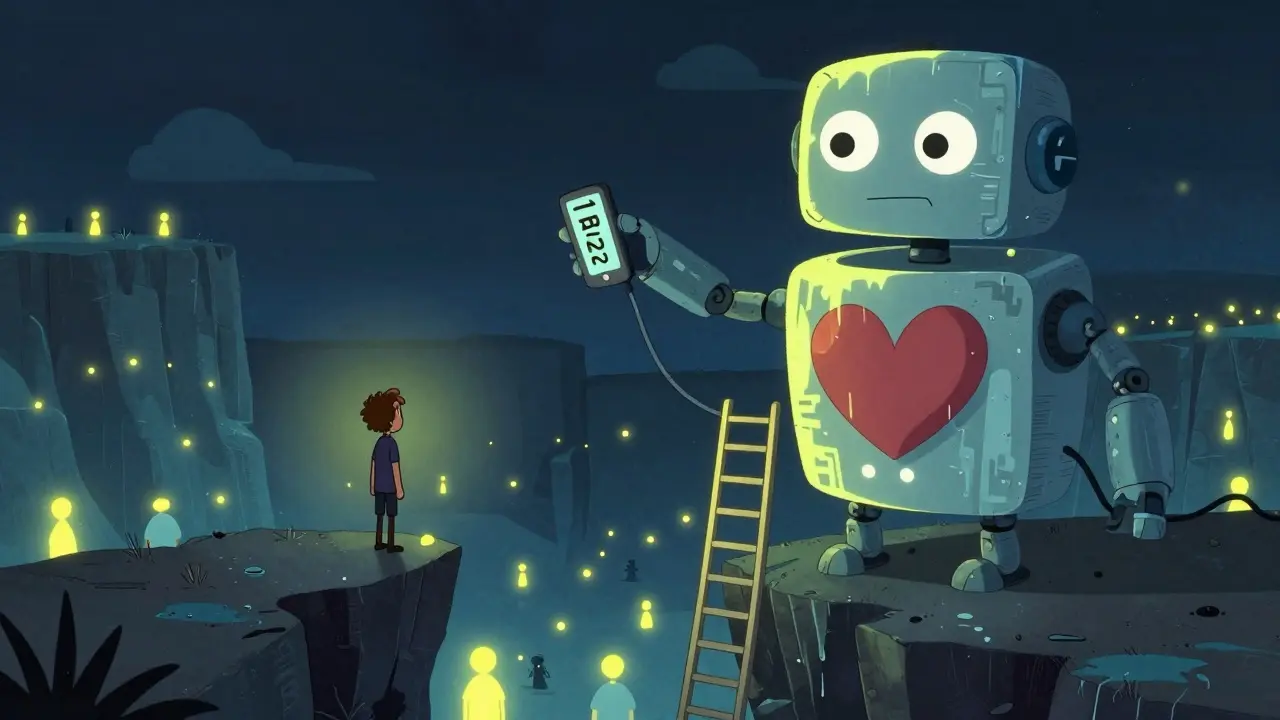 Člověk na hraně útesu dostává žebřík od robotického pomocníka s nápisem Telefon důvěry 116 123.