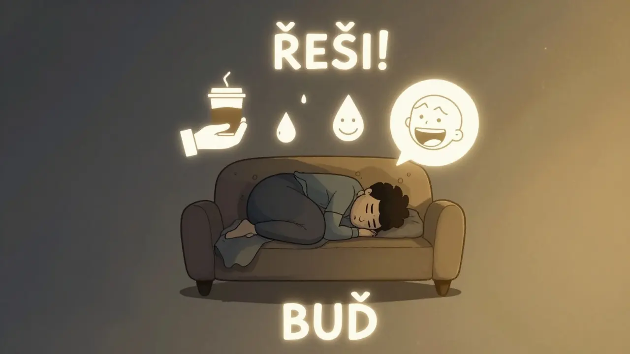 Člověk na plavoucím gauči je obklopen symboly podpory v prázdném prostoru.