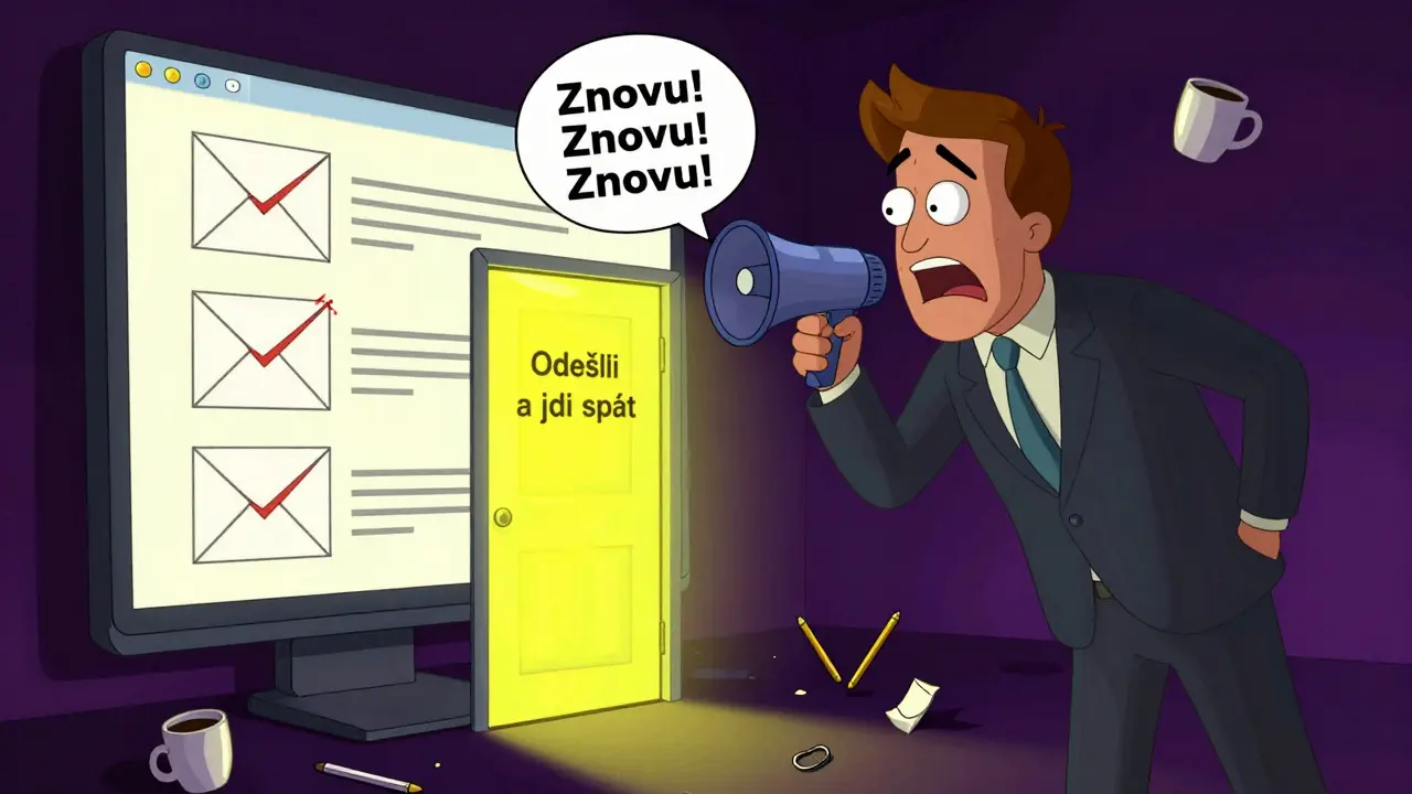 Člověk přepisuje e-mail třikrát, zatímco jeho vnitřní hlas křičí 'Znovu!', zatímco dveře k odpočinku svítí.