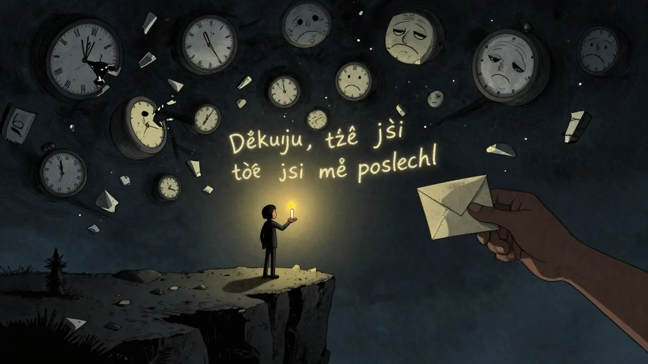 Člověk s svíčkou stojí na hraně, kde se ztrácí negativní myšlenky, zatímco ruka podává dopis.