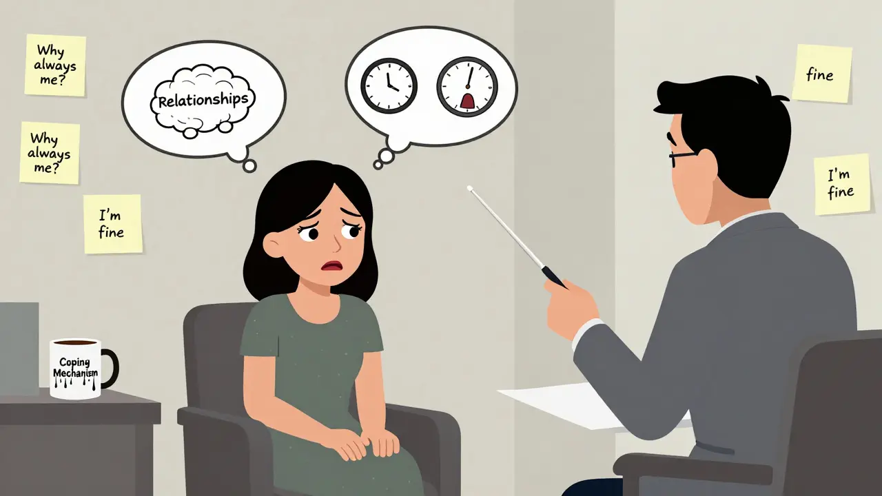 Dospělý klient sedí s terapeutem, nad hlavou se vynořují opakující se myšlenky.