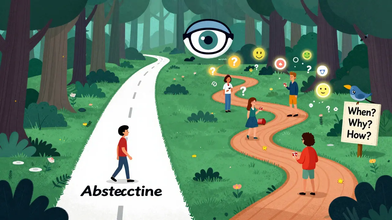 Dvě cesty v lese: jedna bílá a přímá, druhá barevná s otazníky a lidmi s sešity.