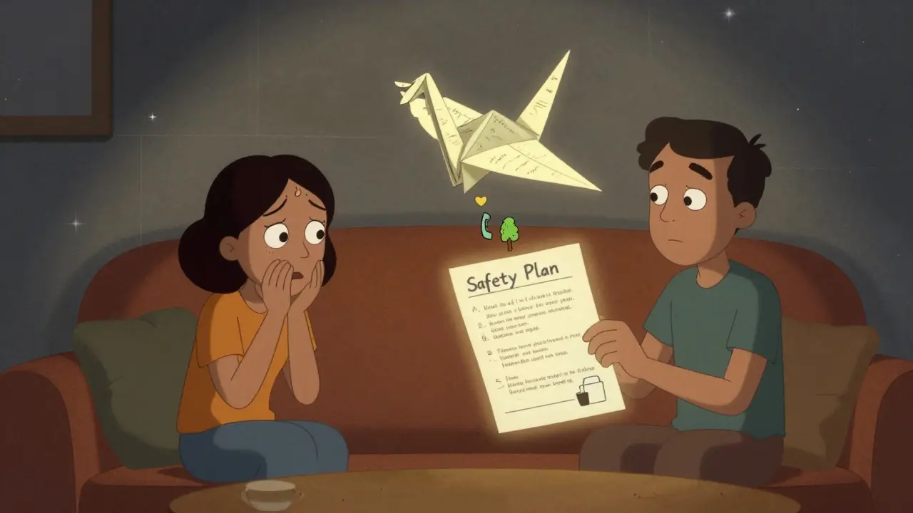 Dvě osoby na gauči, kde se z papírového plánu vznáší papírový žába s symboly naděje.