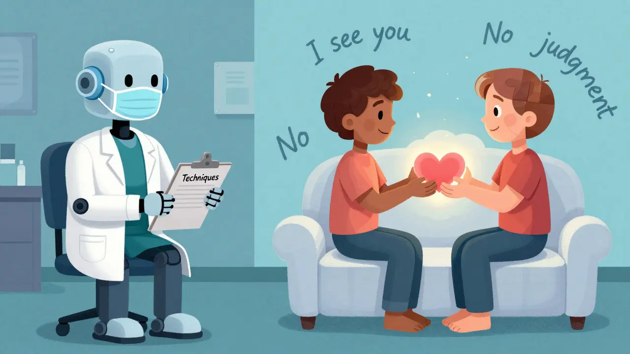 Dvě scény: jeden terapeut je robotický, druhý je teplý a empatiční — mezi nimi svítí srdce.