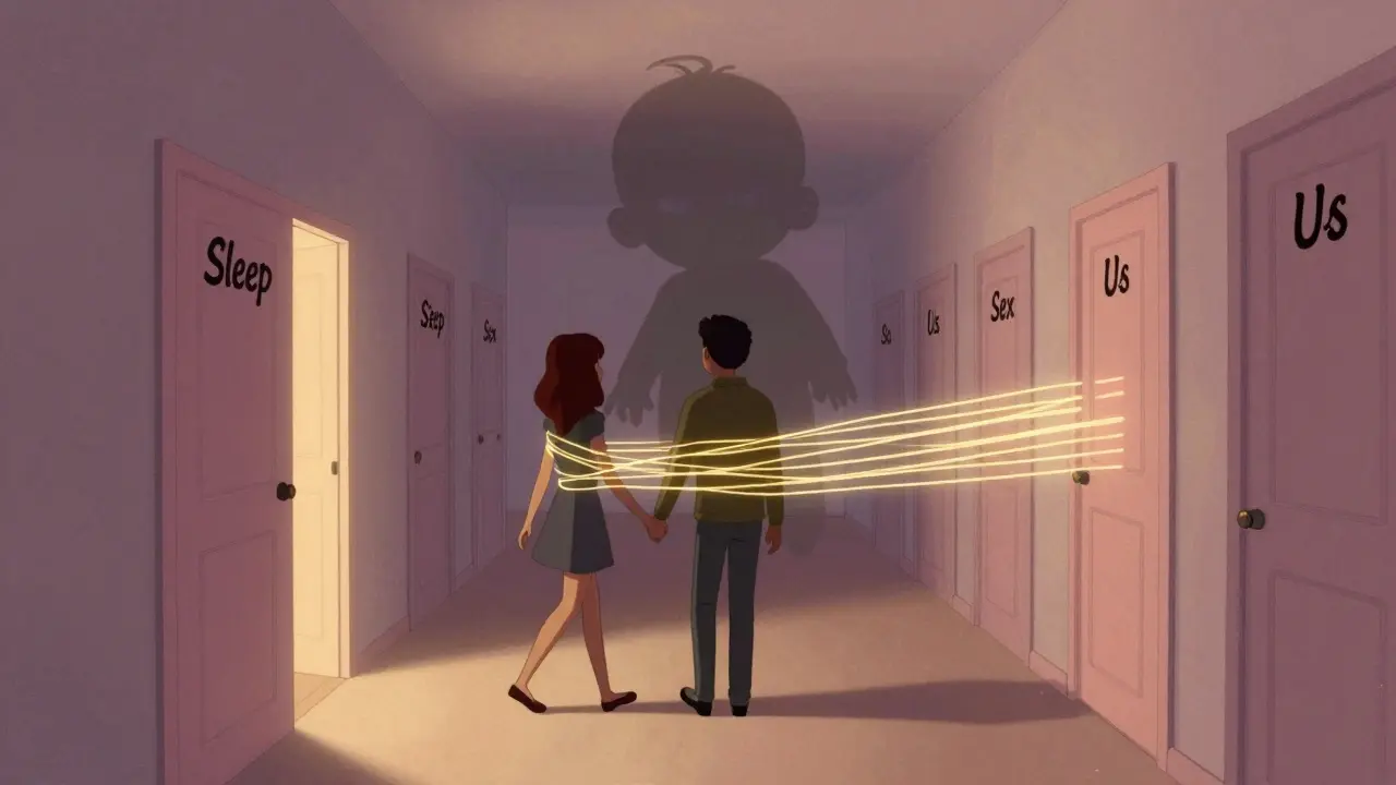 Dvojice jde chodbou, kde se zavírají dveře s nápisem 'My', ale jedny jsou otevřené a září — za nimi se táhne stín miminka.