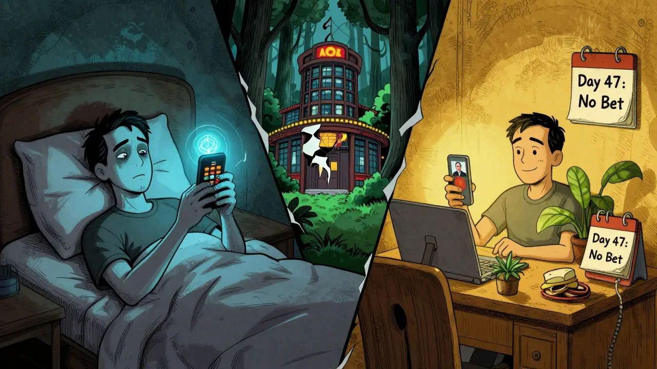 Dvojité zobrazení muže: jeden stranou závislý, druhou stranou v terapii s teplým světlem.