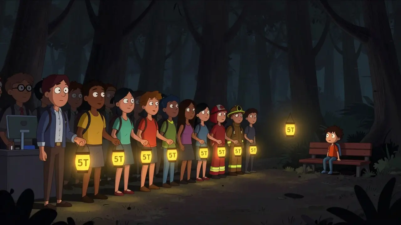 Lidé s laternami 5T vytvářejí cestu k útěchě pro šokované dítě.