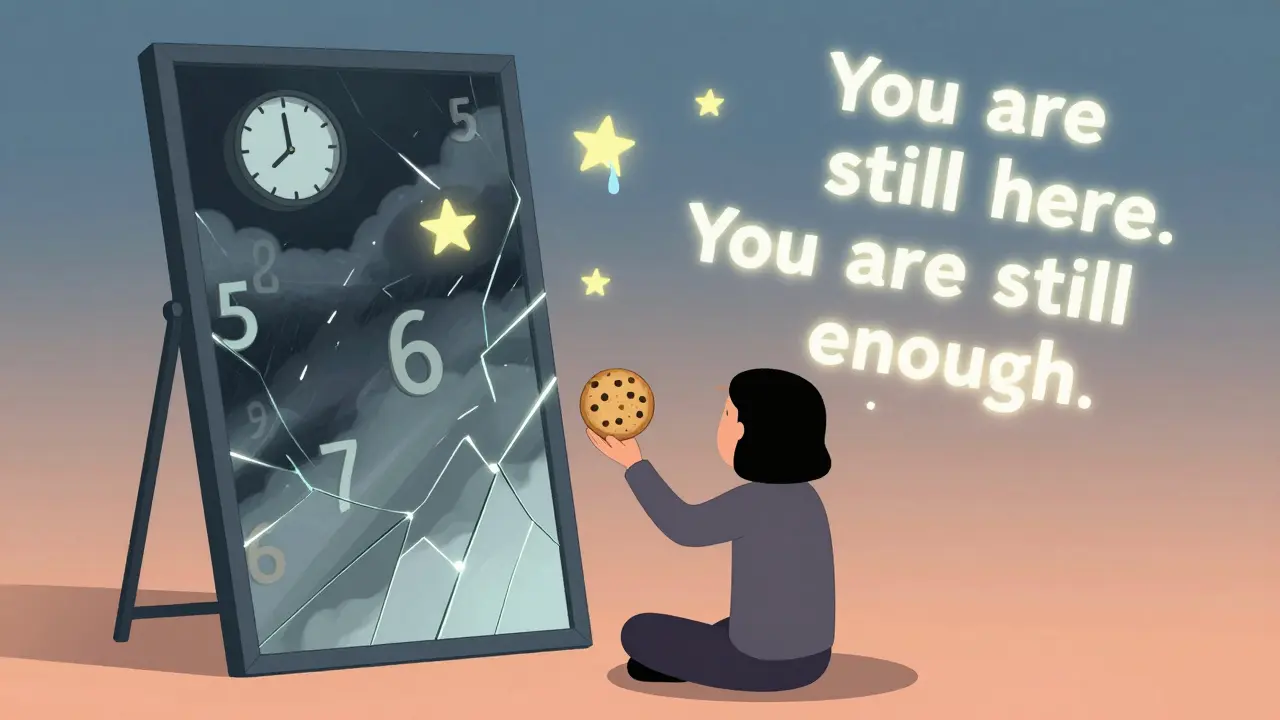 Lomené zrcadlo odrazuje bouřku čísel a hvězd, člověk drží sušenku, kolem něj světlo přijetí.