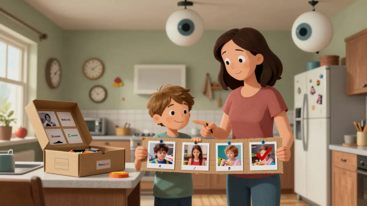 Matka a syn společně sledují vizuální plán rána v kuchyni, symbolizující nezávislost.