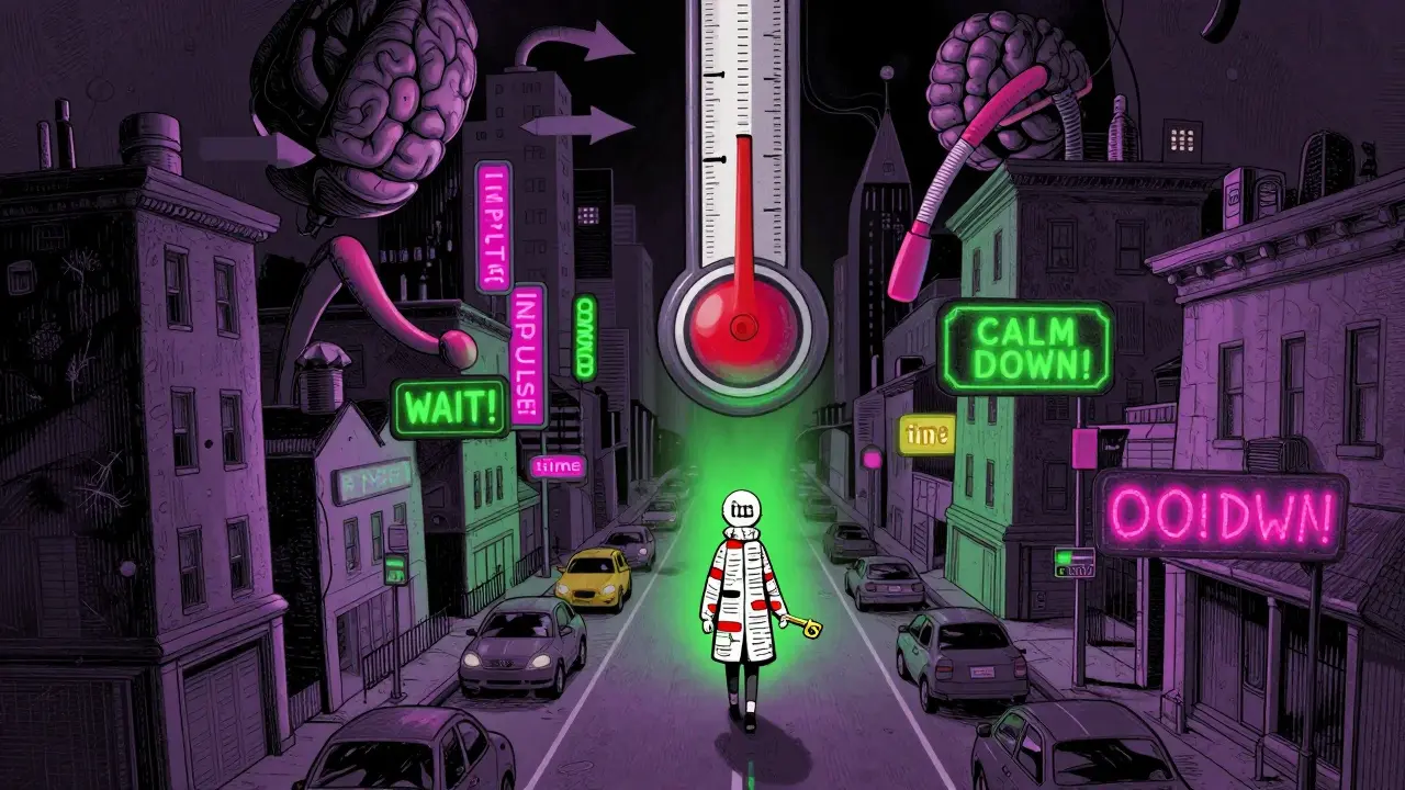 Město představující mozek s chaotickým provozem, kde jedna osoba klidně postupuje k míru.