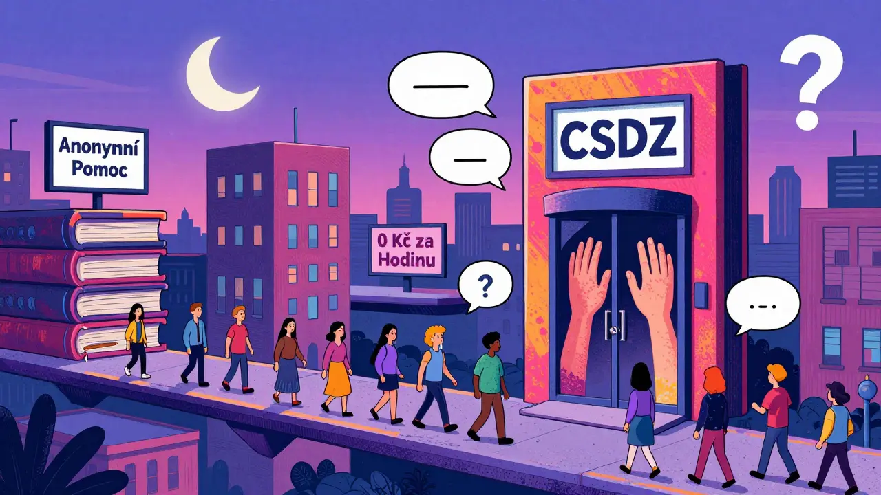 Město tvořené z terapeutických knih, lidé jdou k dveřím s nápisem CSDZ pod nebeským měsícem ve tvaru otazníku.