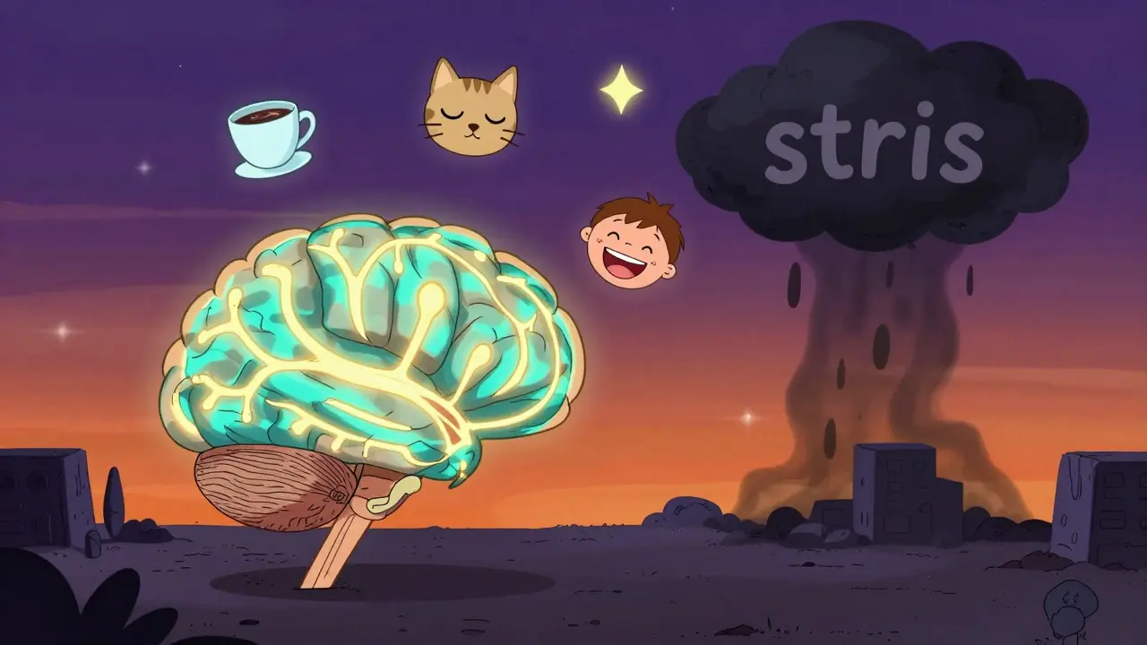 Mozek s osvětlenými cestami a symboly vděčnosti, které unikají ze stresu.