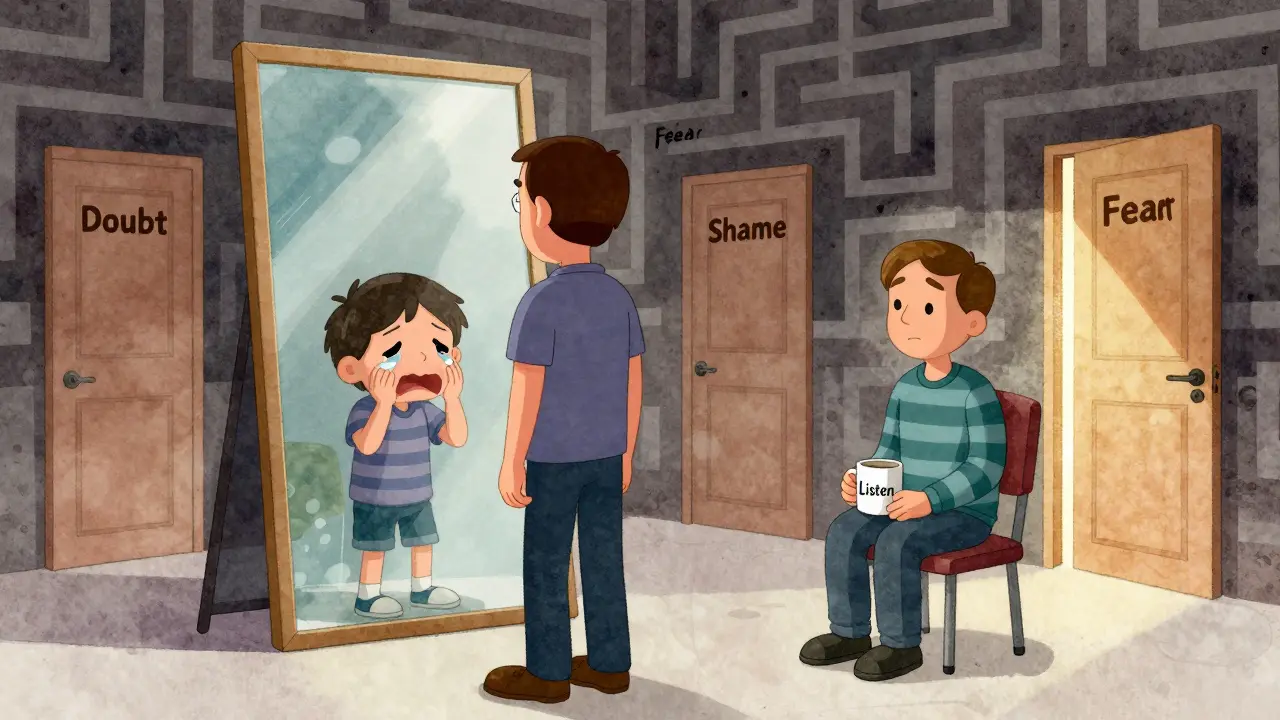 Muž se dívá do zrcadla, kde vidí své dětství, zatímco terapeut klidně sedí vedle.