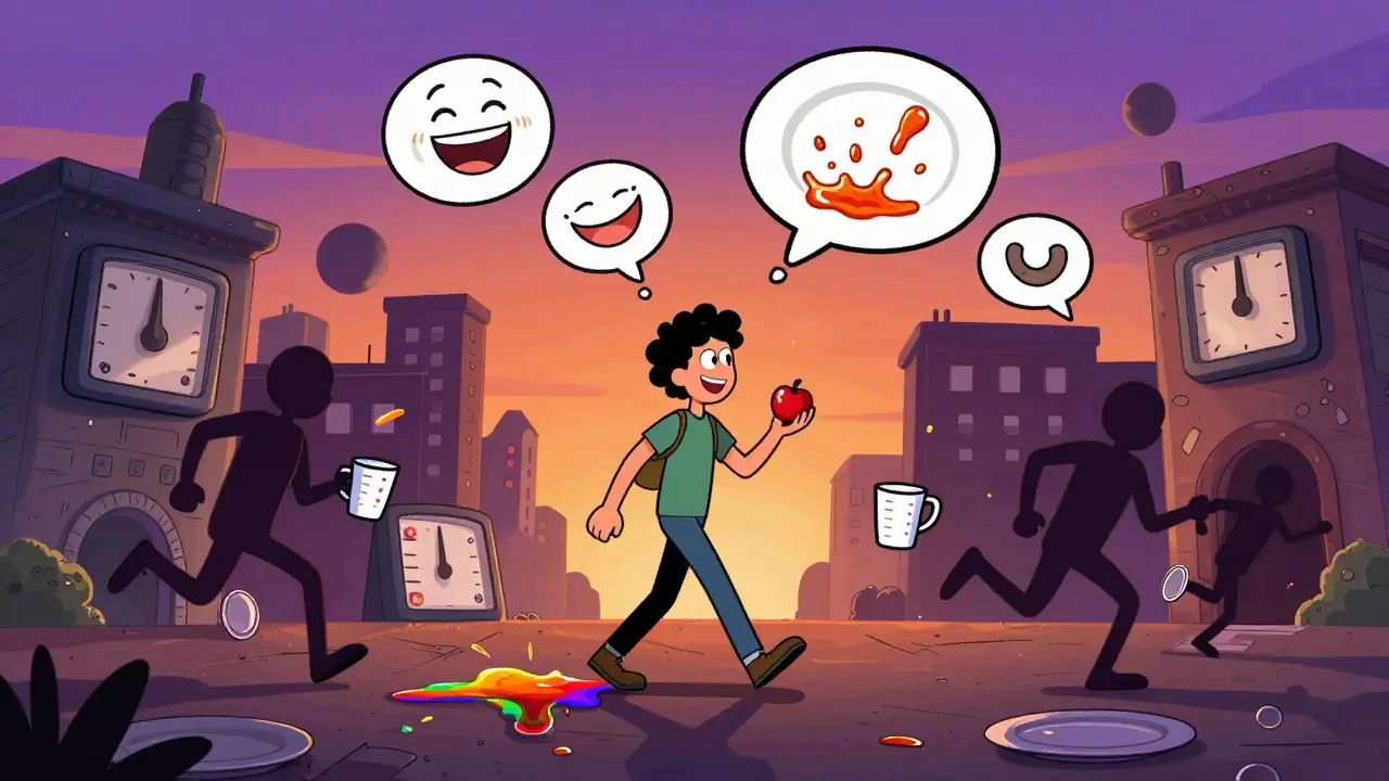 Osoba chodí městem z jídel, drží jablko, které kapá duhovou šťávou.