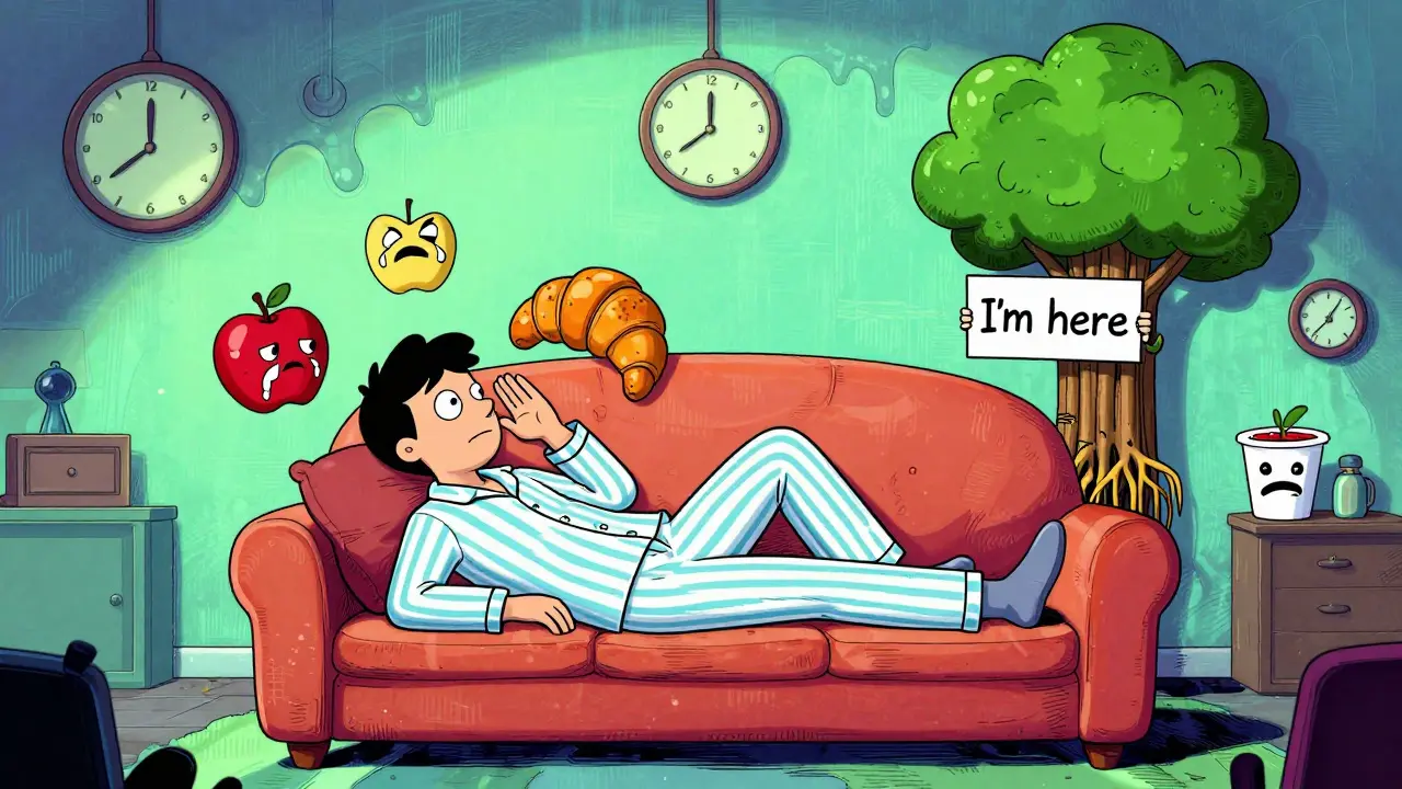 Osoba na kanapě s hovorícími jídly, terapeut jako strom stojí tichý za ní.