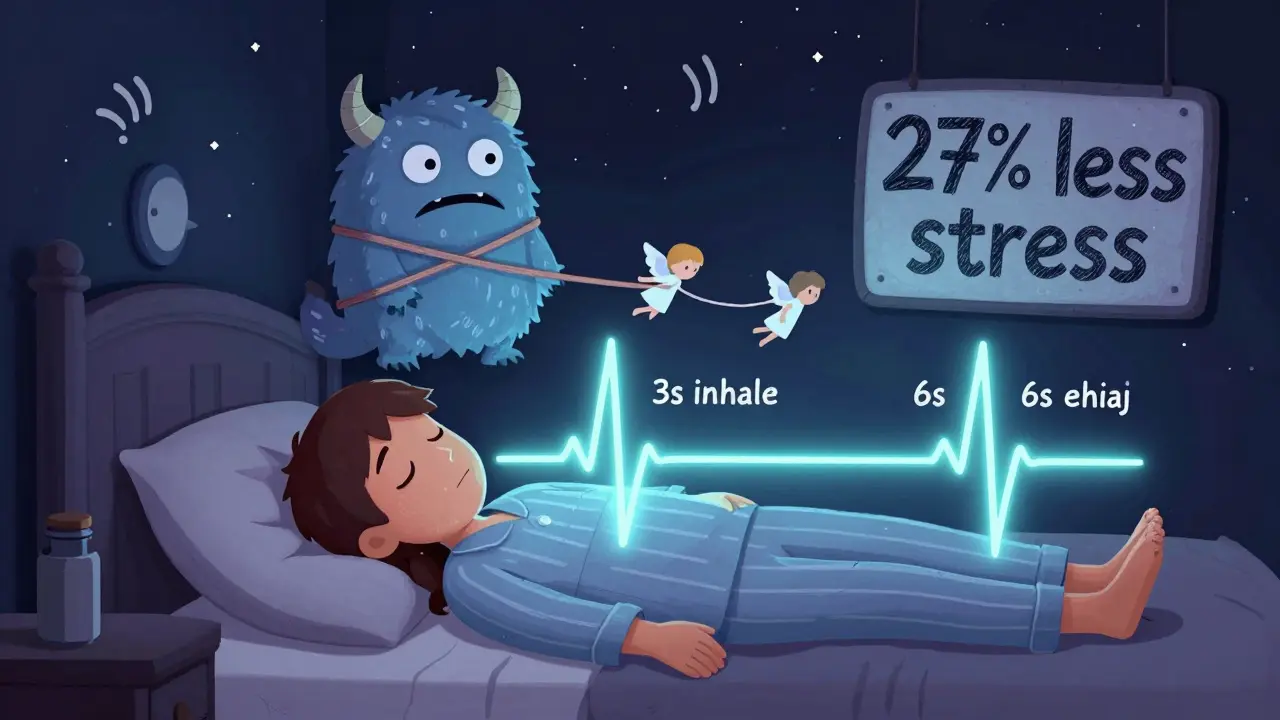 Osoba v posteli s pulsujícím dechem a odváděným stresovým monstrem, symbolizující snížení kortizolu.